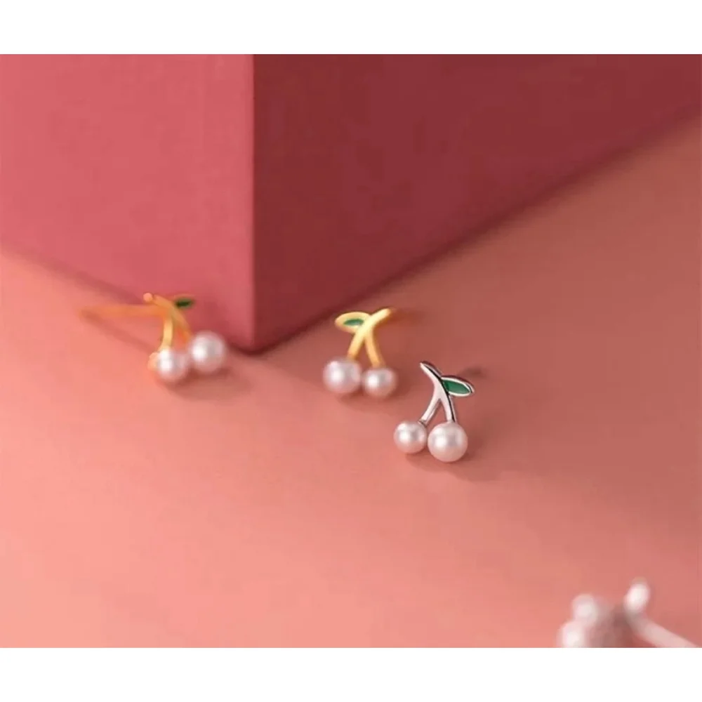 NEW Women's‎ Earrings Gold Plated S925 Dainty Cherries Studs Size 0.7 x 0.3 cm
